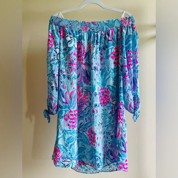 Lilly Pulitzer MaryEllen Off the Shoulder Dress - Zanzibar Blue Party Princess M - Picture 4 of 8